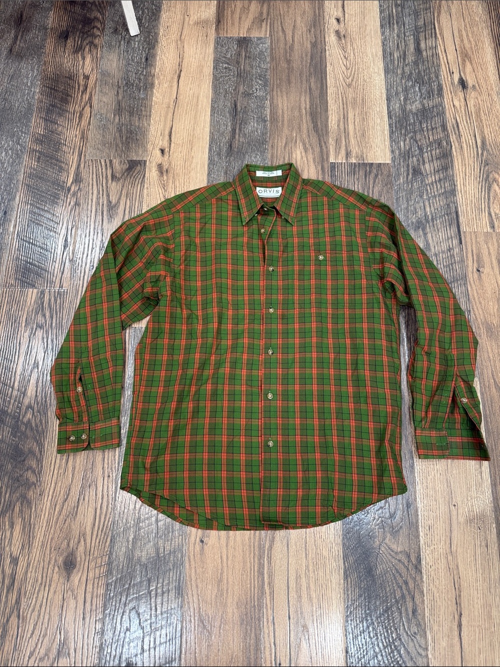 Orvis Men's Green and Red Plaid Button-Down Shirt